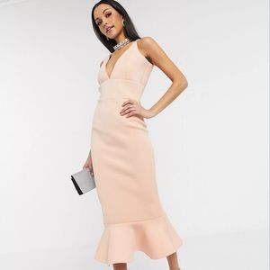 Brand New Missguided Tall plunge scuba midi dress with ruffle hem in blush